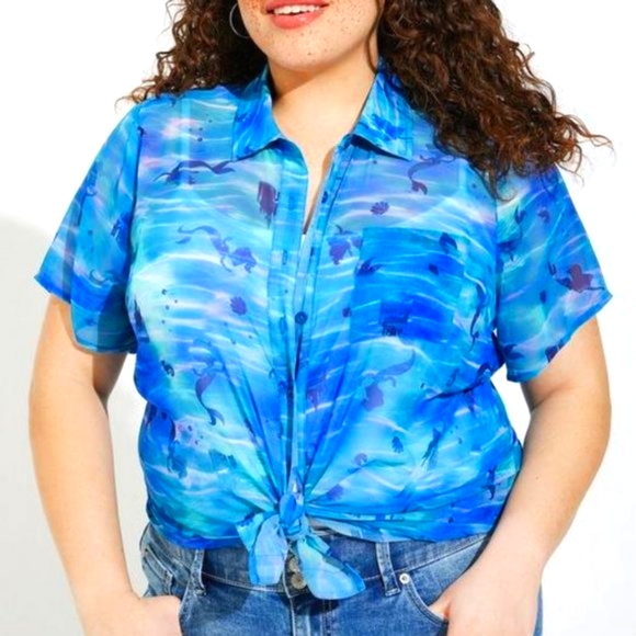 ❤️NWT VINTAGE TORRID TOP - DISNEY PRINCESS ARIEL LITTLE MERMAID CHIFFON BLOUSE - Picture 1 of 10